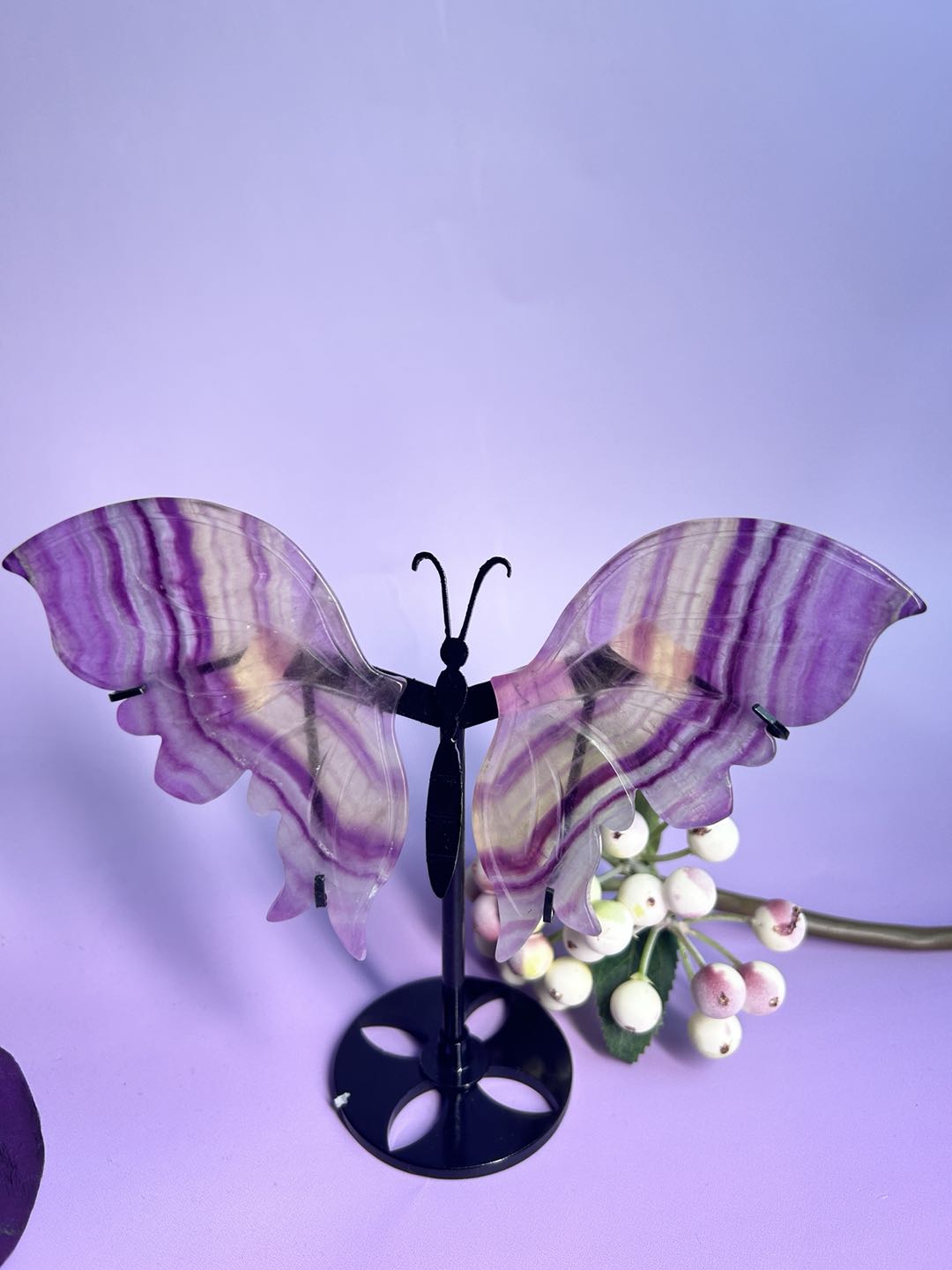 Watermelon fluorite butterfly carving with holder