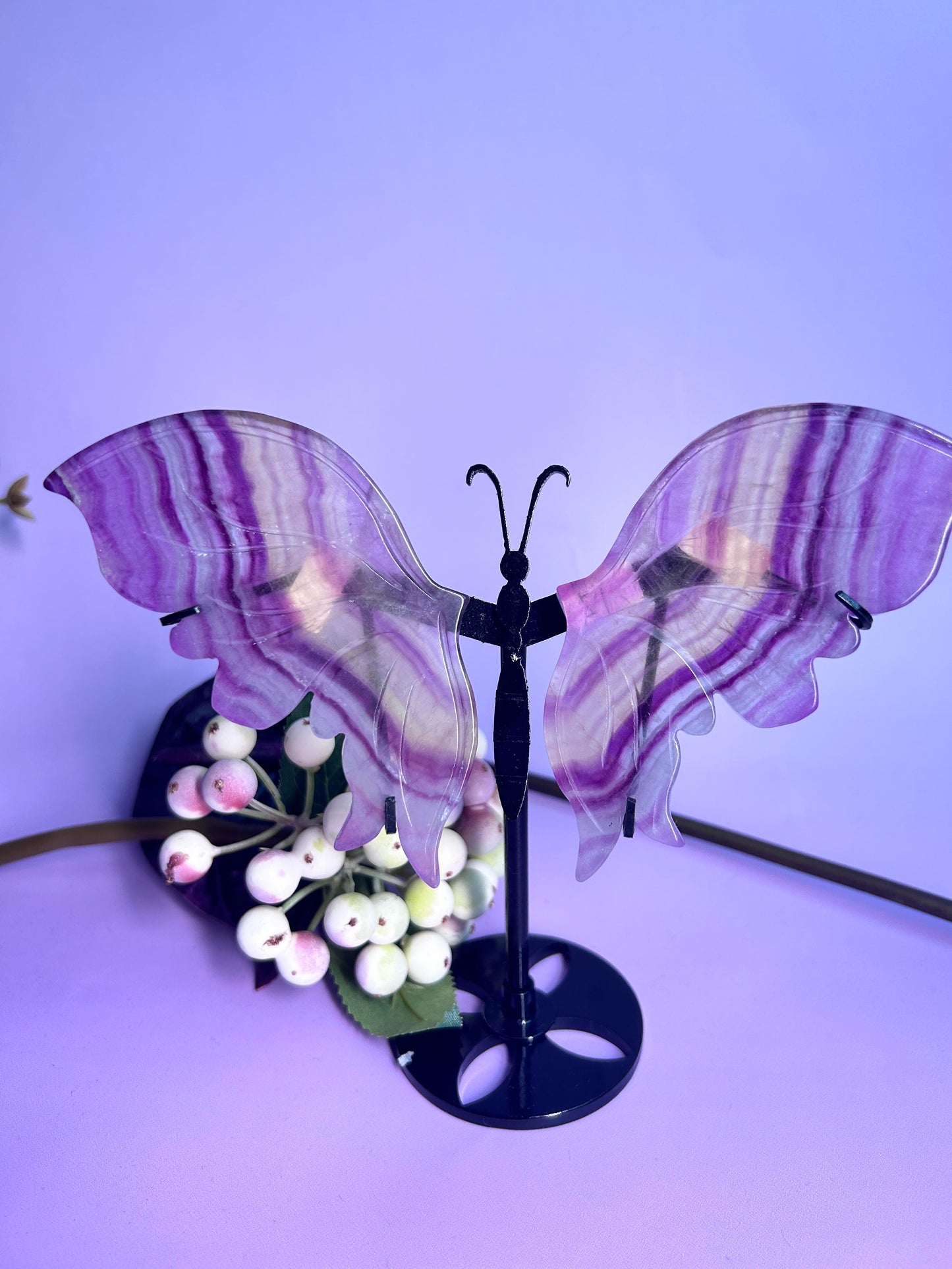 Watermelon fluorite butterfly carving with holder