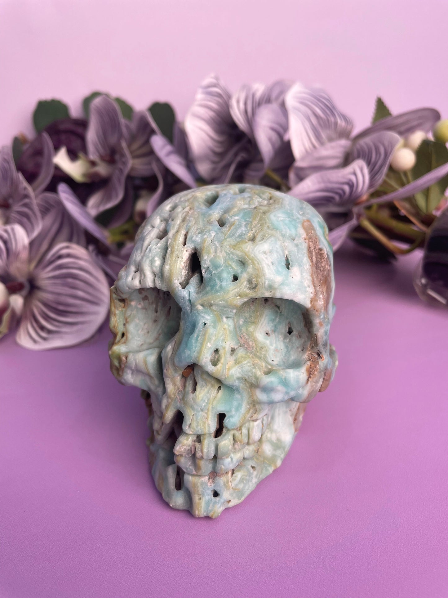 Hemimorphite druzy skull